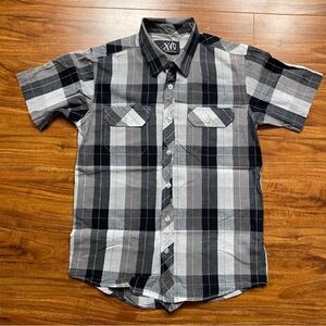 3/$25 XG Boys Black Gray Plaid Button Down Short Sleeve Shirt Size Medium Casual